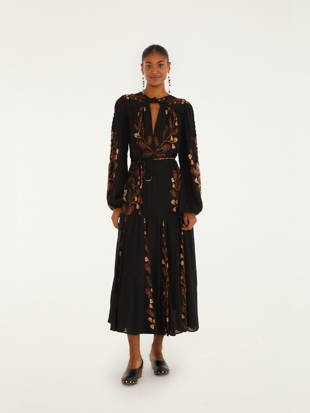 Farm Rio Black Berry Garden Long Sleeve Pleated Maxi Dress